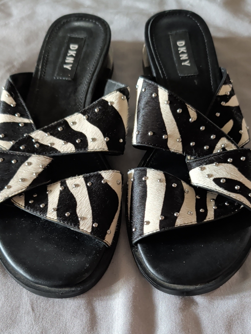 DKNY Black & White Zebra-Print Studded Slide Sandals